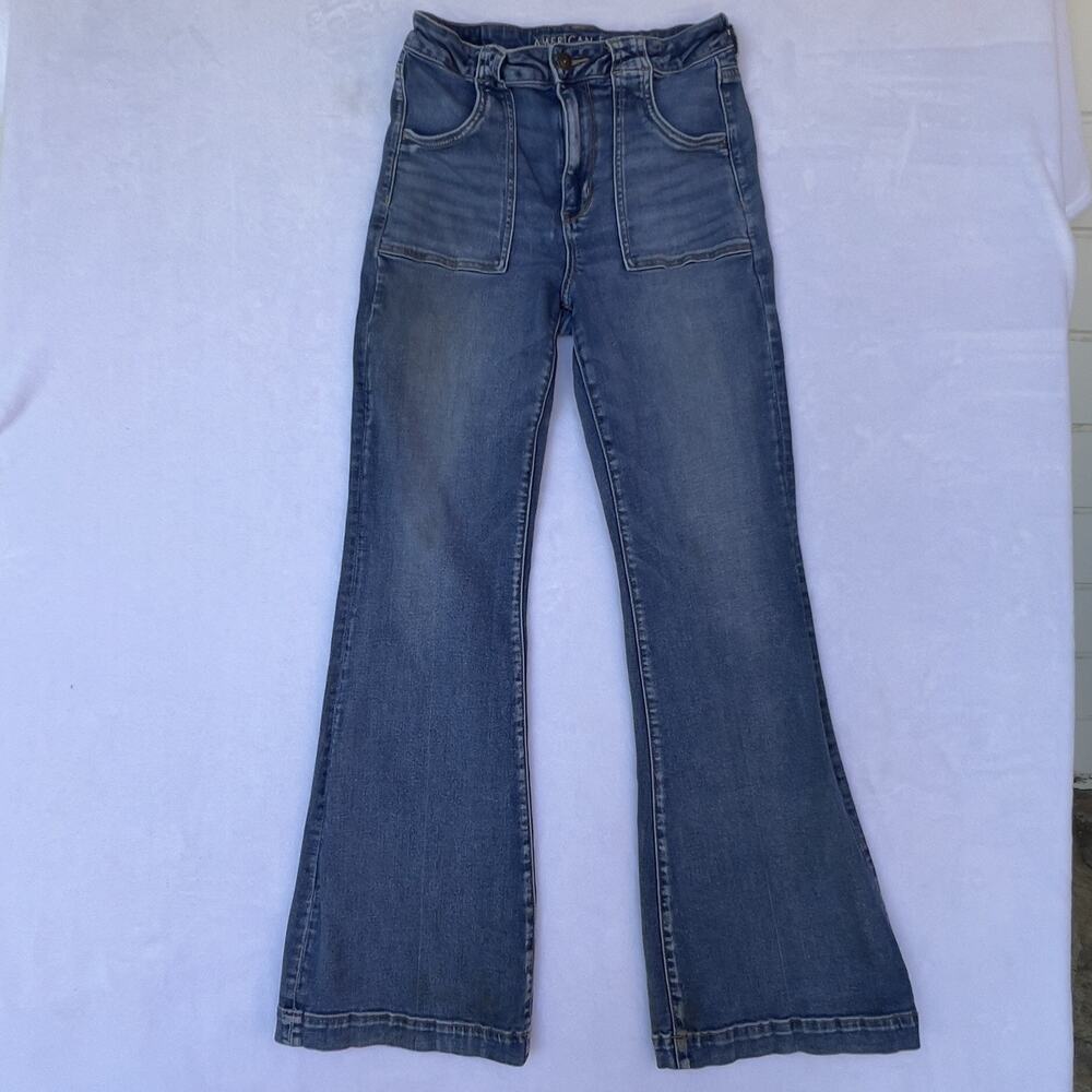 American Eagle Jeans Women 10 Blue Super Hi Rise Flare Patch Pockets Boho